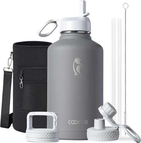 Vista 51 de Coolflask Botella de agua de 20 onzas aislada con pajilla, 3 tapas de metal de acero inoxidable, botella de agua de boca ancha para deportes u