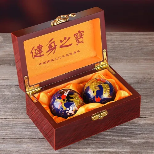 Vista 5 de BRABUD Bolas de Baoding de 1.97 pulgadas para ejercicio de mano, bolas de estrés con campanillas, patrón de dragón y fénix, bolas azules con caja