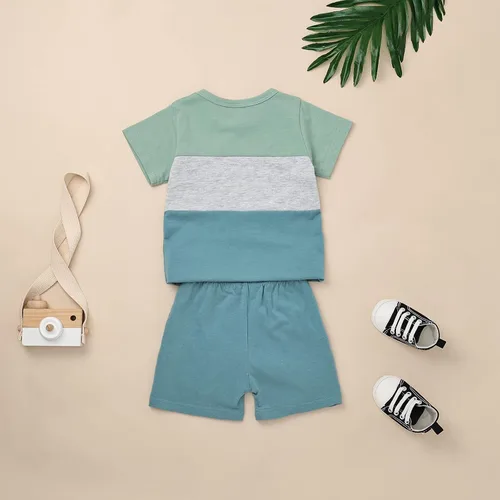 Vista 3 de Ropa para bebé niño pequeño, trajes de verano de manga corta, camiseta de retazos y pantalón con bolsillo, conjunto de 2 piezas, 12 meses a 4 años