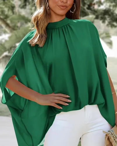 Vista 88 de BTFBM Blusas de verano para mujer, cuello alto falso, manga murciélago, holgadas, dobladillo alto y bajo, blusas informales de gran