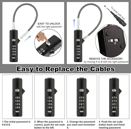 Vista 5 de Cerradura de combinación de cables intercambiables 3, 904EC-Negro 4-Digit Resettable Code Security for Travel, Outdoor Fence Gate, Ski, Scooter