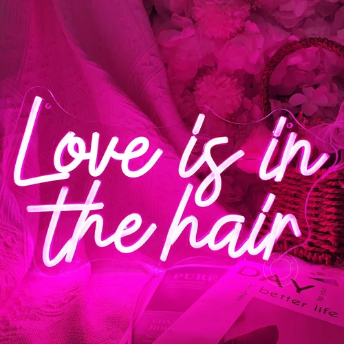 Vista 4 de SYLHOME Letrero de luz LED de neón con texto en inglés «Love Is In The Hair» para peluquería, peluquería, peluquería, peluquería, estudio
