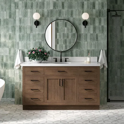 Vista 19 de ARIEL Hepburn - Tocador de baño de 30 pulgadas con fregadero, madera maciza, encimera y protector contra salpicaduras de cuarzo blanco puro de 1.5