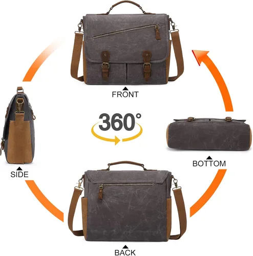 Vista 3 de LOVEVOOK Bolso bandolera para hombre de cuero auténtico impermeable de lona retro de 156 pulgadas para laptop para el trabajo la escuela los viajes