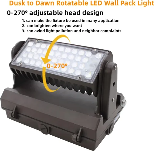 Vista 4 de Paquete de luz LED giratoria de pared con fotocélula del anochecer al amanecer, 80W 11200LM 400-600W HPS/HID Equiv., 5000K luz diurna ETL