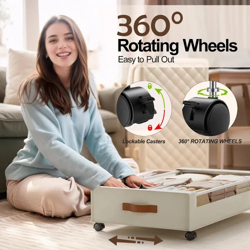 Vista 4 de LAMU Almacenamiento debajo de la cama con ruedas, paquete de 2 contenedores de almacenamiento debajo de la cama con tapa transparente y asa de piel