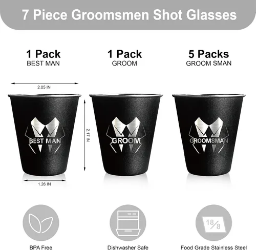 Vista 2 de PartyGifts&beyond 7 vasos de chupito para padrinos de boda para despedida de soltero y día de boda, vasos de chupito de acero inoxidable de 2 onzas