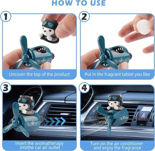 Vista 5 de 2 piezas de ambientadores de coche con diseño de oso piloto, difusor de ventilador de coche con hélice, ambientador de coche creativo con diseño