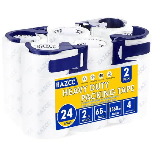 Vista 8 de RAZCC Cinta de embalaje, 12 rollos de cinta de embalaje transparente resistente con dispensadores para embalaje, envío, mudanza y correo, cinta