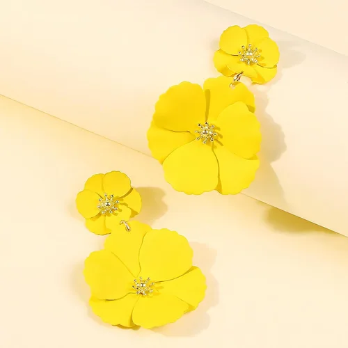 Vista 6 de Aretes de flores de playa de verano para mujeres y niñas, aretes colgantes de doble flor bohemios, aretes colgantes de pétalos florales en capas