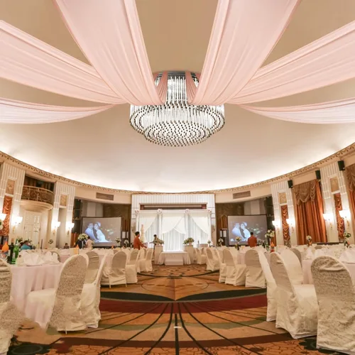 Vista 11 de DYRABREST Cortinas de techo de gasa para bodas, 6 paneles de 5 x 20 pies de largo, tela traslúcida de gasa beige para salas de recepción