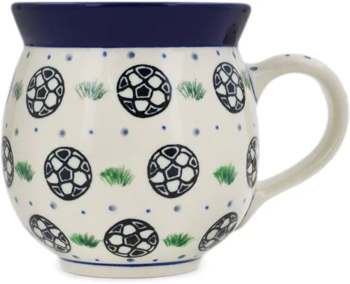 Vista 22 de Auténtica taza de burbujas de cerámica polaca de 13 onzas en diseño amarillo hecho a mano en Bolesławiec Polonia por Ceramika Bona + certificado