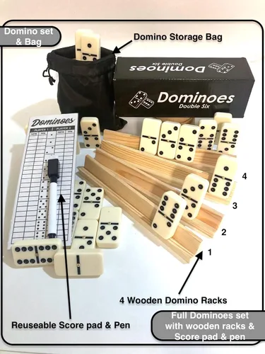 Vista 4 de Dominoes Double 6, juego de dominó, tamaño para torneos, con remaches giratorios, con caja de madera