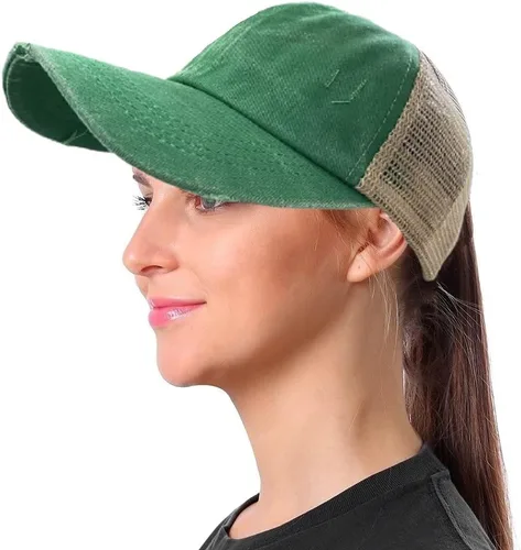 Vista 2 de Gorra de béisbol para mujer, diseño de cola de caballo cruzada, malla desgastada, para papá