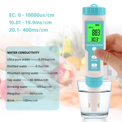 Vista 4 de Medidor de pH 7 en 1 Gomass 0.01 Probador de pH de alta precisión digital para agua TDS/EC/Salinidad/Temp/ORP/S. G/PH Probador de pluma de agua