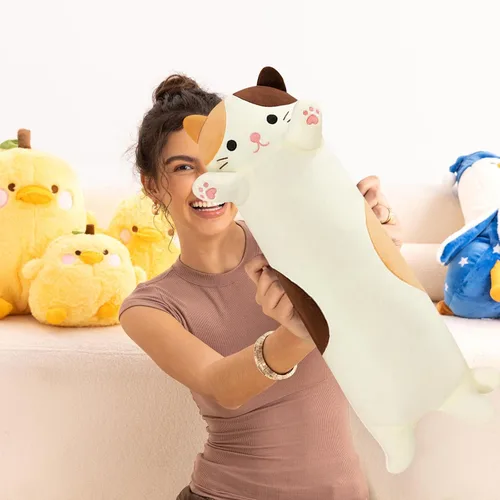 Vista 5 de PEACH CAT Almohada de felpa de gato de 19.6 pulgadas de largo, lindos animales de peluche de gatito, juguetes de peluche suaves, regalos para niños