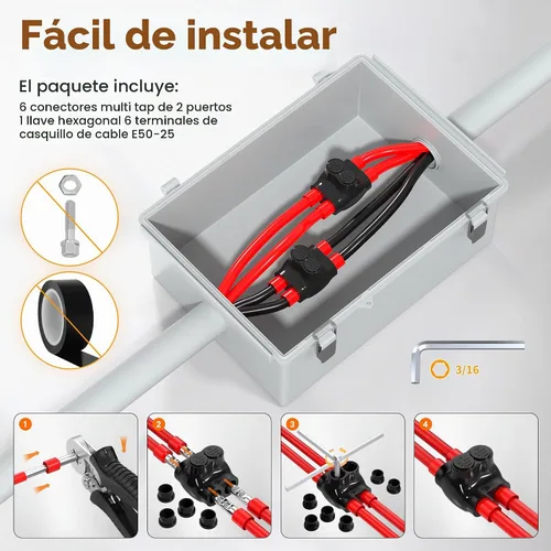 Vista 5 de Conector de cable de 2 puertos con aislamiento múltiple de calibre 2/0-6, conectores de cable de aluminio a cobre de doble entrada, conector