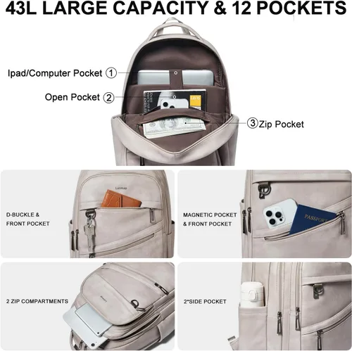 Vista 4 de LATMAP Mochila de 43L para mujeres y hombres - Mochila de cuero vegano, bolsa de viaje, maleta de mano, mochila universitaria, para trabajo