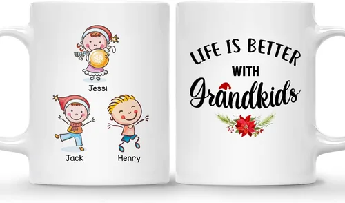 Vista 23 de Gossby Taza personalizada – GRANDKIDS MAKE LIFE MORE GRAND (1 niño) – Taza de café de cerámica de 11 onzas y 15 onzas para abuelos/abuelos – Idea