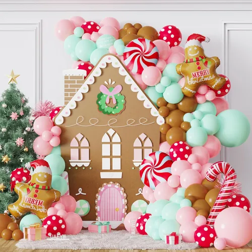 Vista 7 de Kit de 440 piezas de globos de Navidad para casa de jengibre, arco de globos marrón y blanco con piruletas, bastones de caramelo, hombre de jengibre
