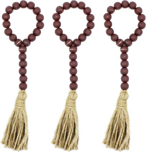 Vista 11 de CVHOMEDECO. Guirnalda de cuentas de madera con borlas, 3 piezas de cuentas rústicas de madera rústica para oración para colgar en la pared para Negro