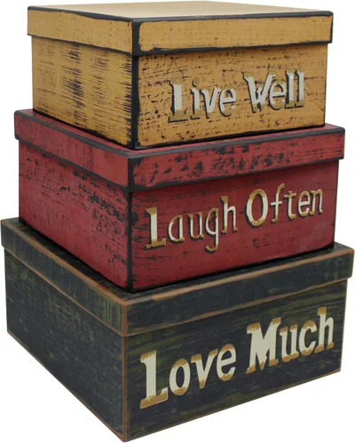 Vista 10 de CVHOMEDECO. Cajas anidadas rectangulares vintage primitivas de cartón “La familia lo es todo”, grandes 12 x 9 x 14 cm. Juego de 3.