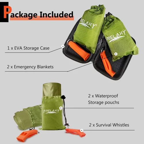 Vista 6 de Frelaxy - Paquete de 2 mantas de emergencia, extra gruesas y grandes Emergency whistles included, EVA storage case, Heat reflective