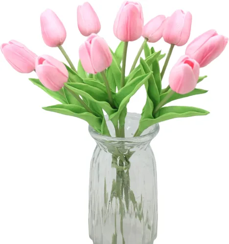 Vista 16 de Flores artificiales, 10 cabezas, mini tulipán artificial de tacto real para decoración del hogar, boda, fiesta, centro de mesa (negro)