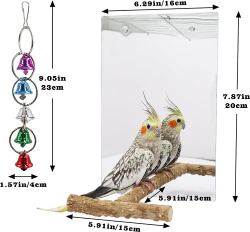 Vista 6 de Juguete de espejo de pájaro con soporte de perca, espejo de perico de loro con campana oscilante para pájaros, accesorios de jaula de pájaros