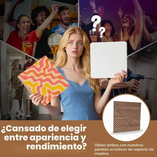 Vista 4 de Paneles de pared acústicos 3D autoadhesivos para despegar y pegar, paquete de 8 paneles insonorizados con patrón de madera autoadhesivos de 23.6 x