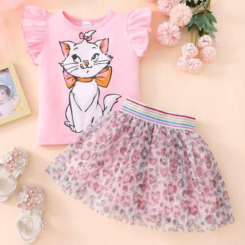 Vista 7 de RETSUGO Conjunto de falda de tul para niñas, dos piezas, manga con volantes, unicornio, vestido tutú, vestido de verano para fiesta de cumpleaños