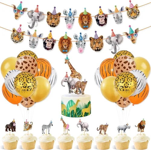 Vista 7 de Decoraciones de cumpleaños de animales de safari, fiestas, animales de la selva, banderines salvajes para tartas y globos para niños y niñas