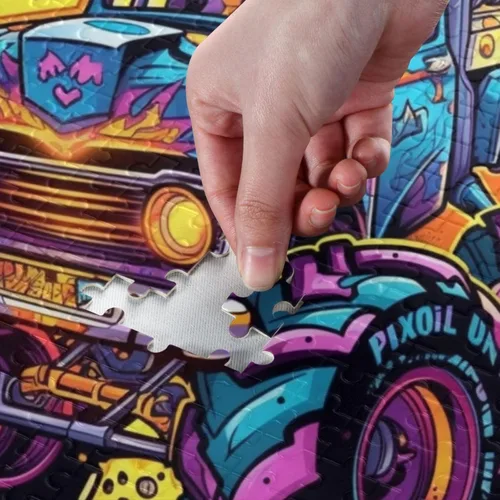 Vista 4 de Rompecabezas de camión monstruo con llama, 1000 piezas de material compuesto de madera de papel, con bolsa de almacenamiento e imagen de referencia
