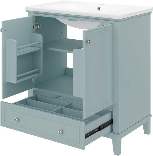 Vista 7 de Combinación de tocador de baño de 30 pulgadas con lavabo, armario de baño multifuncional con puertas y cajón, marco sólido y tablero de MDF