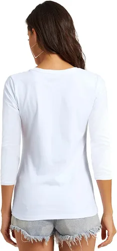 Vista 5 de Camiseta básica de manga 34 con cuello redondo para mujer, estilo casual, de algodón liso y delgado
