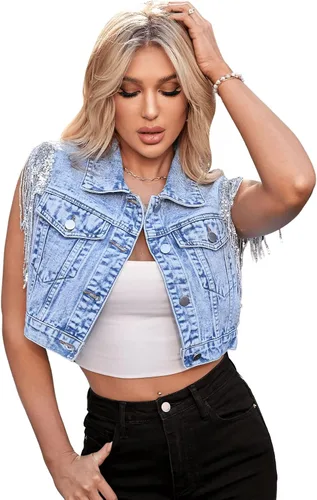 Vista 3 de SweatyRocks Chaqueta vaquera sin mangas con botones y flecos para mujer