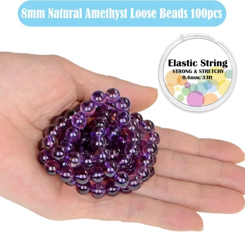 Vista 2 de 100 cuentas redondas sueltas de gema de amatista natural de 8mm para fabricación de joyas con cordón elástico de cristal