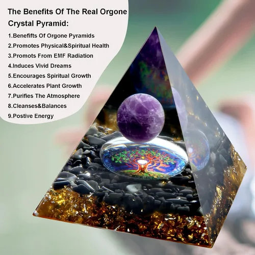 Vista 2 de Pirámide de orgón – Fuente de energía positiva para meditación, alivio del estrés, atracción de riqueza Pirámide de cristal Orgonita con cristales