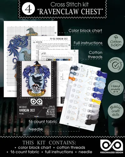 Vista 7 de Personalized.Design Kits de punto de cruz de conteo 'Hgwrts House Crests' - Juego de 5 kits de bordado para adultos Escudos 5 en 1 Hogwarts House