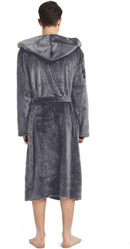 Vista 2 de Bata de felpa de vellón con capucha para hombre, bata de baño larga suave y cálida