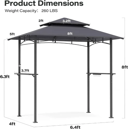 Vista 5 de LAUSAINT HOME Gazebo para parrilla al aire libre de 5 x 8 pies, kiosco para barbacoa con parte superior ventilada de 2 niveles, 2 estantes duraderos