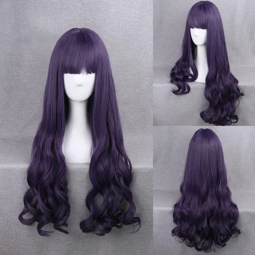 Vista 3 de TKK APE - Peluca de Halloween para cosplay, peluca de Lolita natural lacia ondulada de 31.5 pulgadas de largo, peluca morada, peluca de mujer media