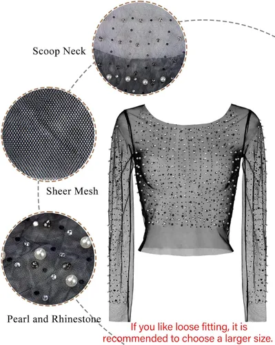 Vista 3 de Modegal Blusa de malla de manga larga transparente con diamantes de imitación de perlas para mujer, una pieza