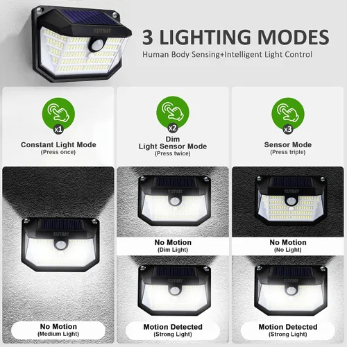 Vista 3 de Luces solares para exteriores, 230 LED con sensor de movimiento y 3 modos, impermeabilidad IP65, luz de ángulo amplio de 270°, luces de pared