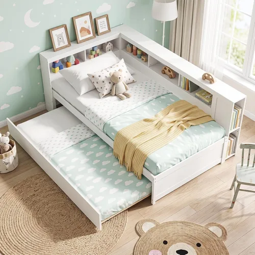 Vista 4 de KOMFOTT Sofá cama doble con nido, cama nido con estantería en forma de L