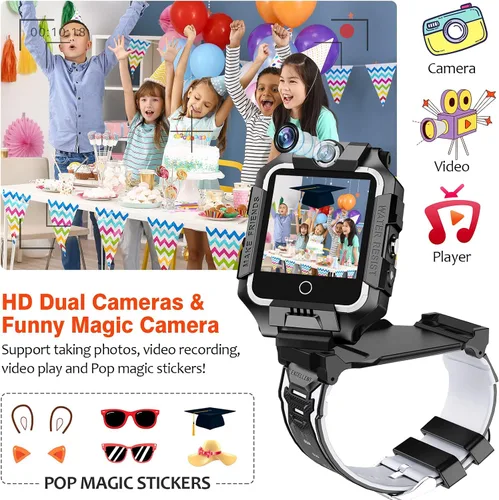 Vista 5 de Reloj 4G para niños, teléfono T10, divertido reloj inteligente con pantalla de rotación de 360°, cámara dual para niños y niñas, IP67, impermeable