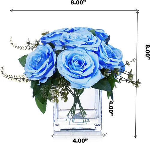 Vista 5 de ENOVA FLORAL 9 cabezas de rosas artificiales en jarrón, rosas falsas con jarrón de cristal para decoración (azul)