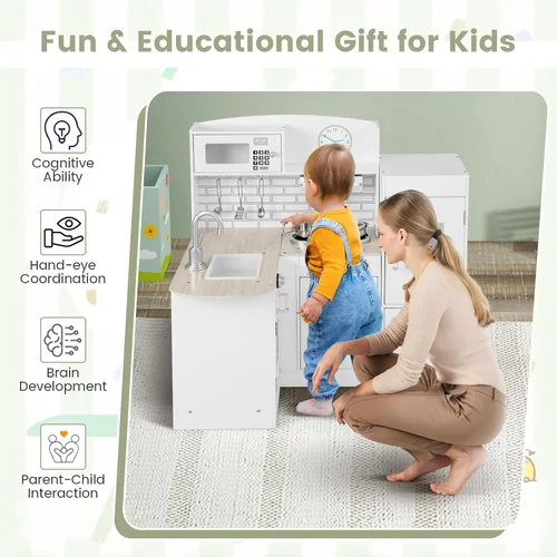 Vista 5 de Costzon Juego de cocina esquinera para niños, juego de cocina de madera 8 en 1 con microondas realista, horno, estufa, refrigerador, campana
