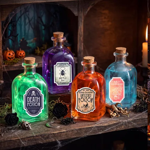 Vista 6 de Baderke 24 botellas de poción de vidrio de Halloween con calcomanías