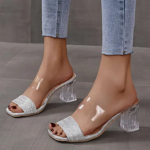 Vista 6 de Women Sandals Ladies Shoes Summer Slip On Transparent Glitter Crystal Chunky Heel Sandals Zapatos de gimnasio mujeres